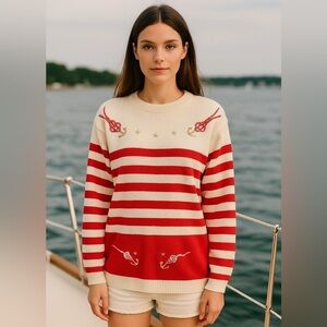 Vintage red white gold embroidered Nautical sweater 80s 90s